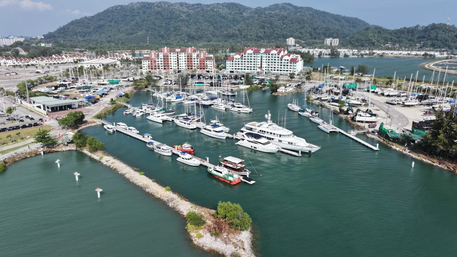 Aerial of the marina basin with serviced apartments and Pangkor hills