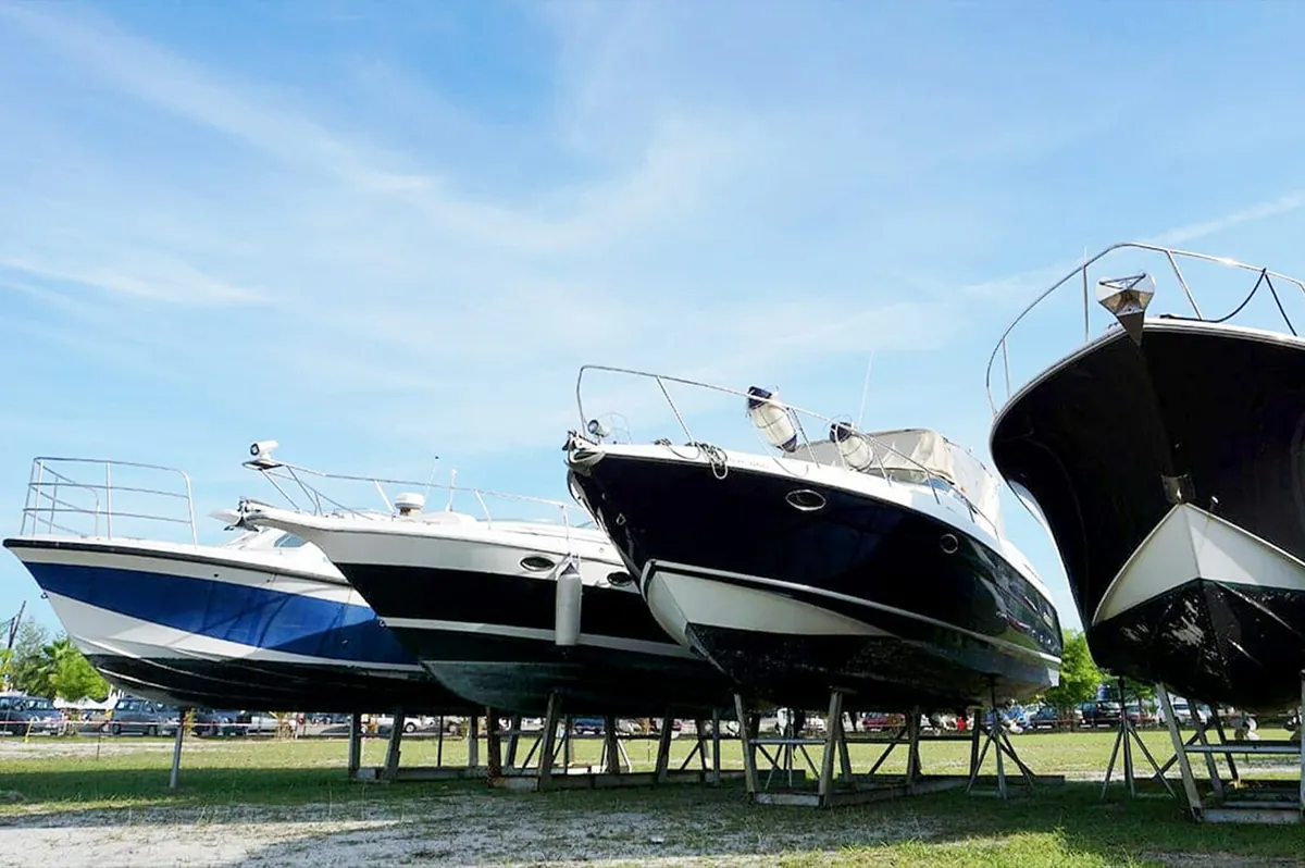 Boats on stands in the hardstand yard